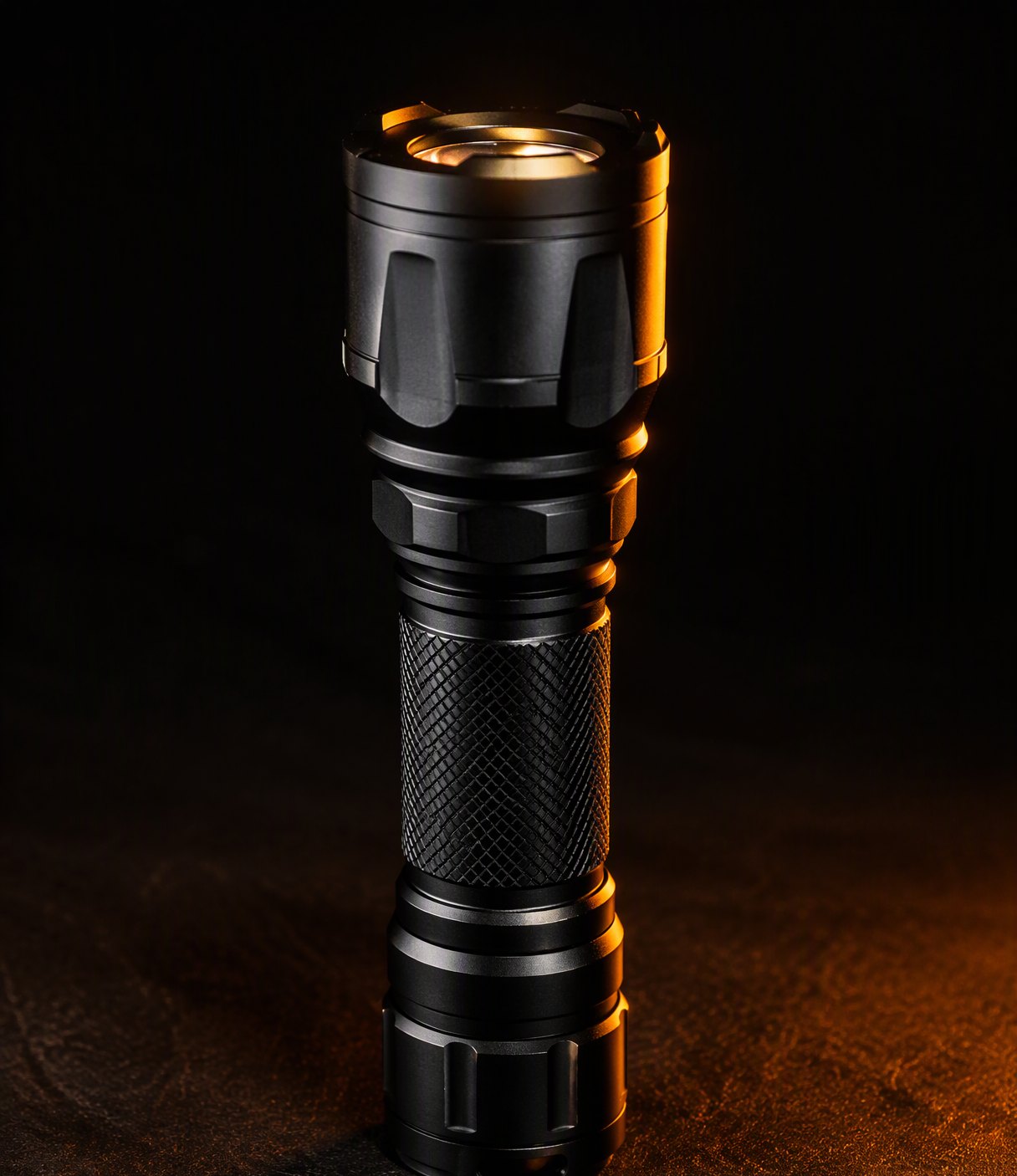 Aluminum flashlight with warm rim light on a dark surface