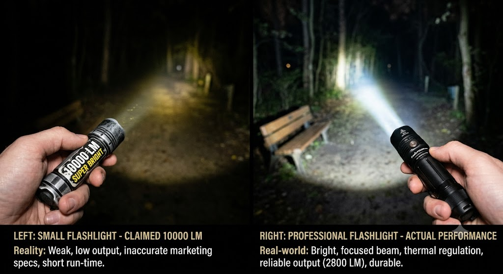 Comparison of fake 10000 LM flashlight label and professional LED work light with heat management