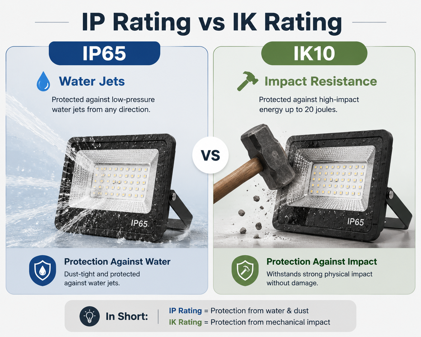 IP65 vs IP67 outdoor lighting protection rating comparison