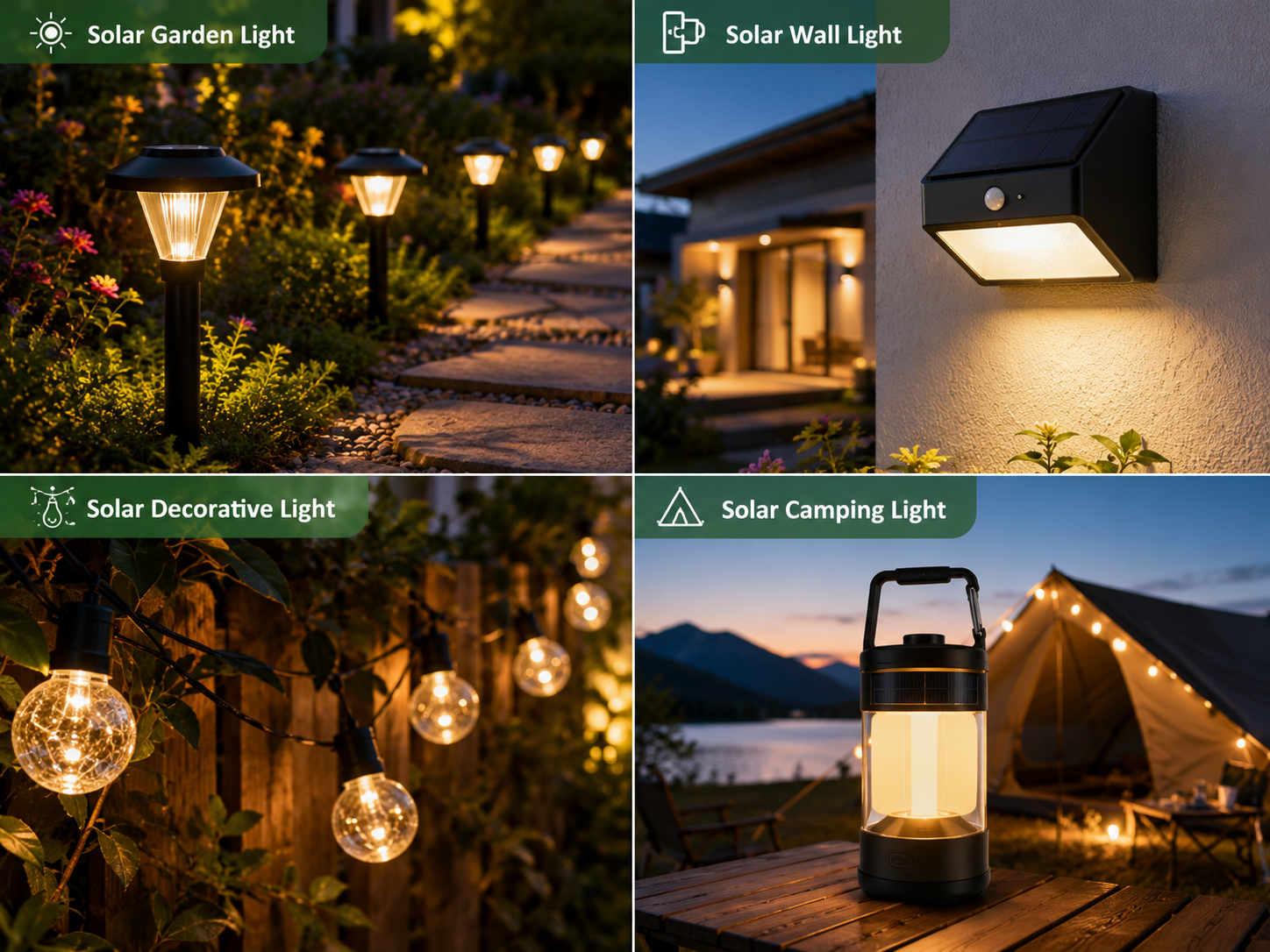 Solar garden wall decorative and camping lights product range overview