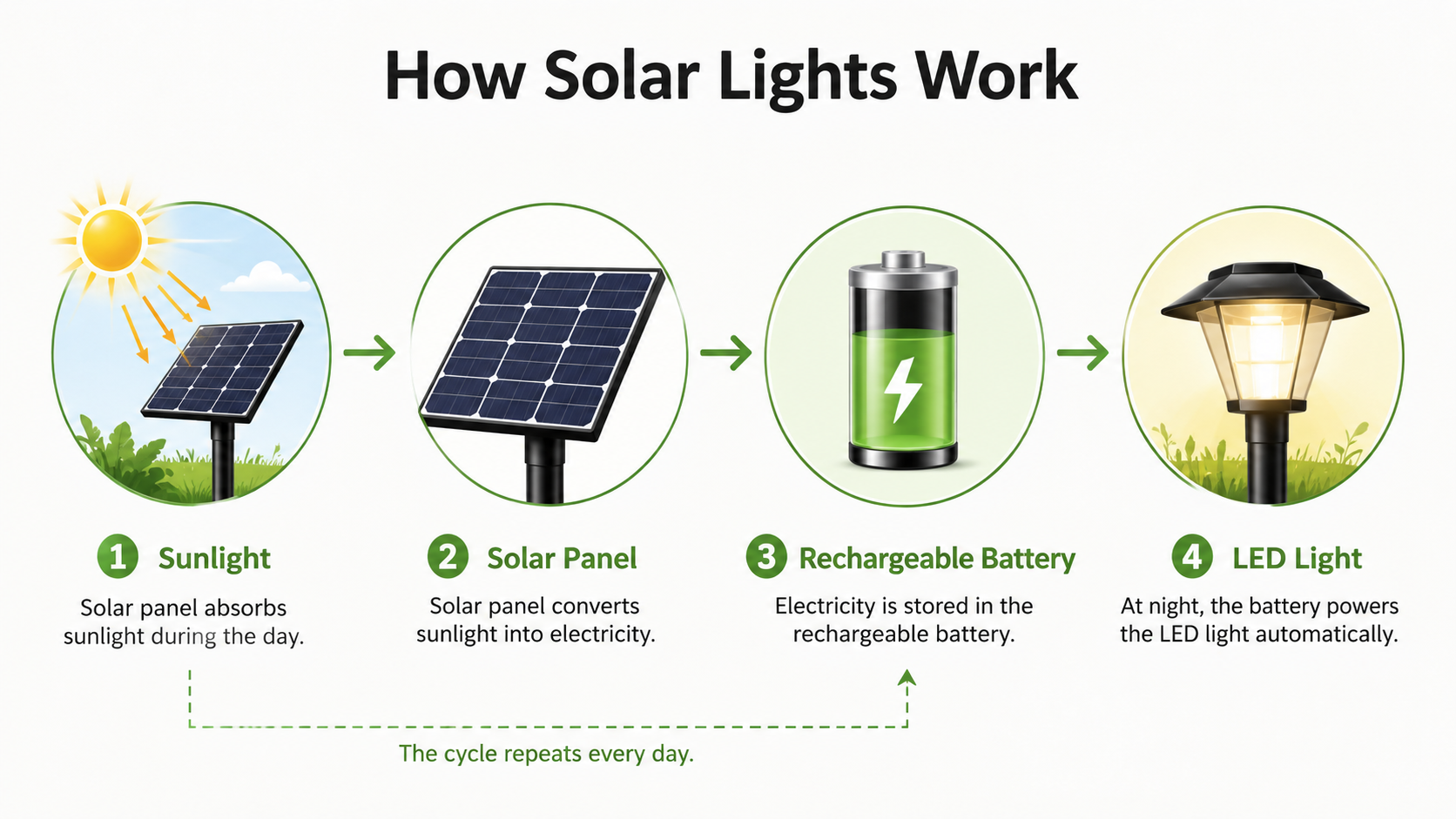 Solar light working principle diagram showing sunlight to battery to LED flow