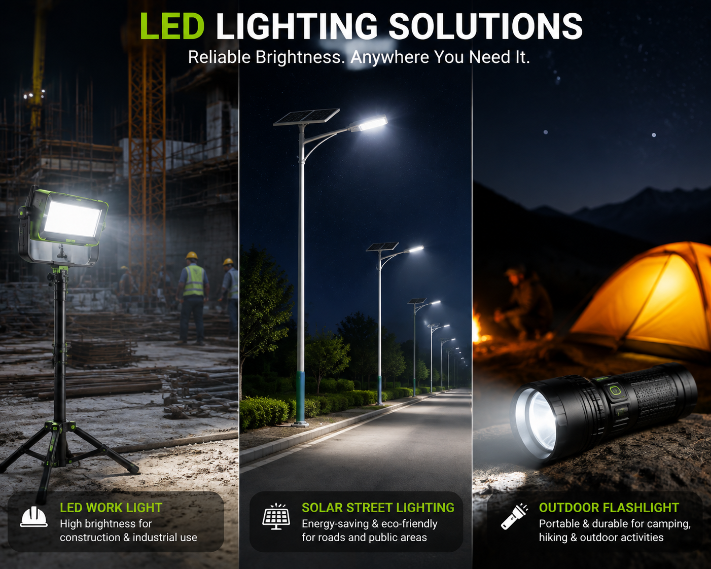 Construction site work light, solar street lighting, and outdoor camping flashlight applications for B2B sourcing