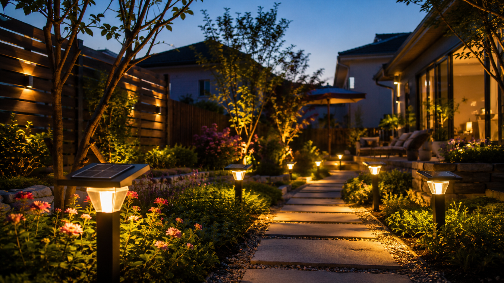 Solar garden lights illuminating a residential pathway in evening warm atmosphere
