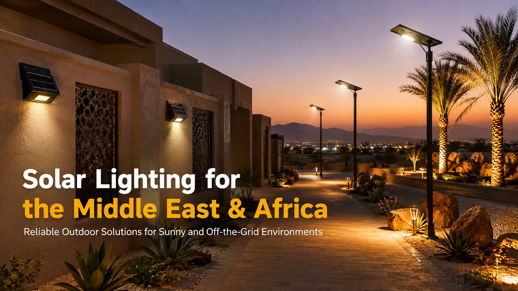 Solar street lights and wall lights illuminating a modern courtyard in the Middle East at dusk, showcasing reliable off-grid outdoor lighting solutions for hot and sunny climates in Africa and the Gulf region.