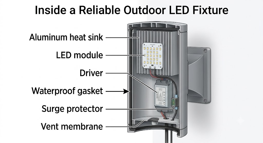 Outdoor LED fixture components including driver and heat sink